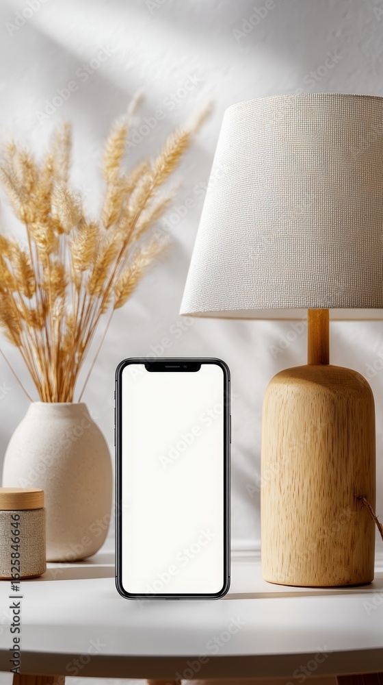 Naklejka premium Modern Mobile Phone Display with Lamp and Vase Decoration