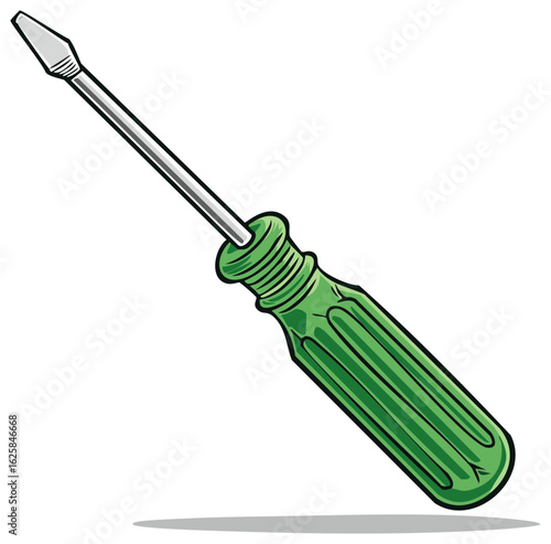 Cartoon illustration of a manual flathead screwdriver with green handle, isolated