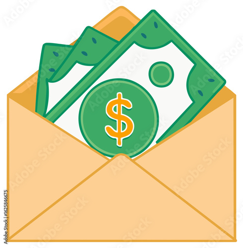 Envelope with money bills and coin icon, representing financial transactions and cash