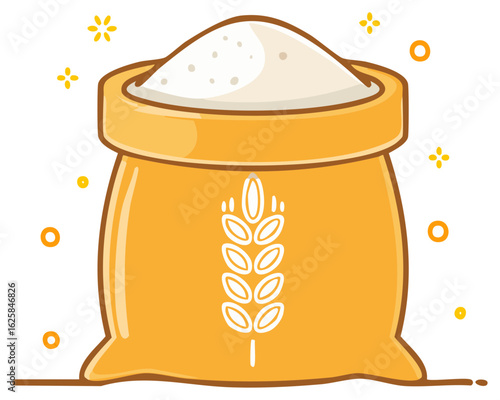 Cartoon illustration of a bag of flour with wheat symbol