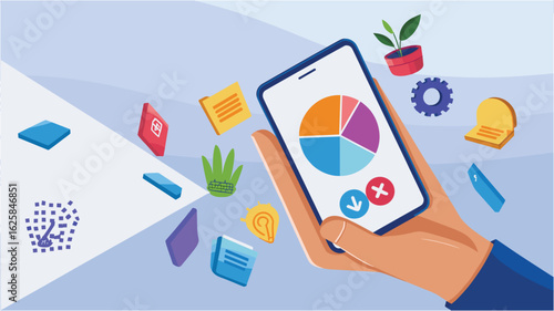 Hand holding smartphone displaying pie chart with floating icons and objects mobile