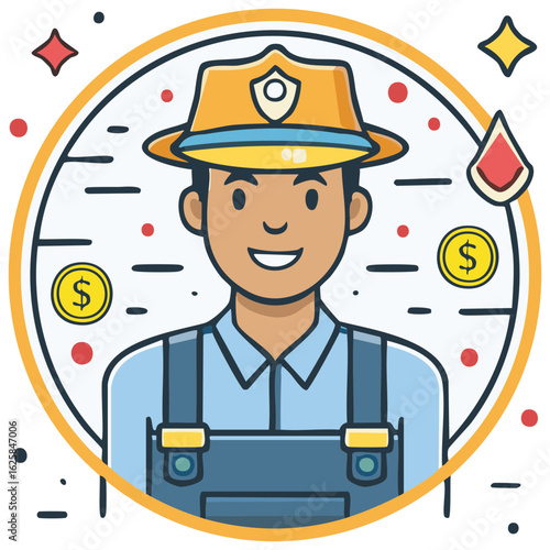 Smiling worker in uniform hat and overalls earning money income illustration