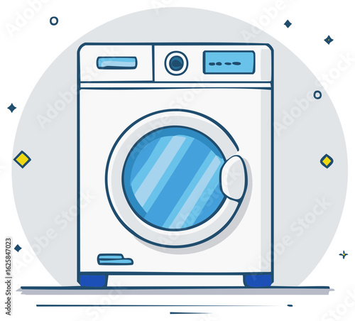 Illustration of white front-loading washing machine with round glass door against a light blue background and some blue stars
