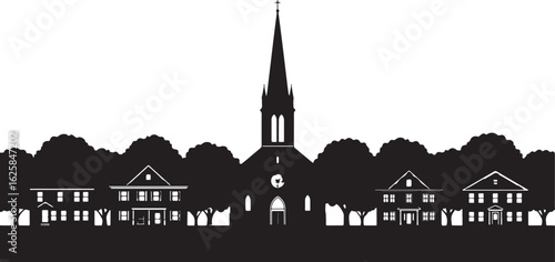 Townscape featuring church and houses with trees village, town, village, cityscape, church, steeple, houses, buildings, trees, silhouette, black and white, architecture, community, residential, religi