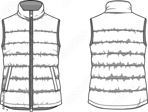 Puffer vest front and back, sleeveless quilted jacket, winter outerwear, warm zipper design, fashion clothing illustration, versatile apparel piece
