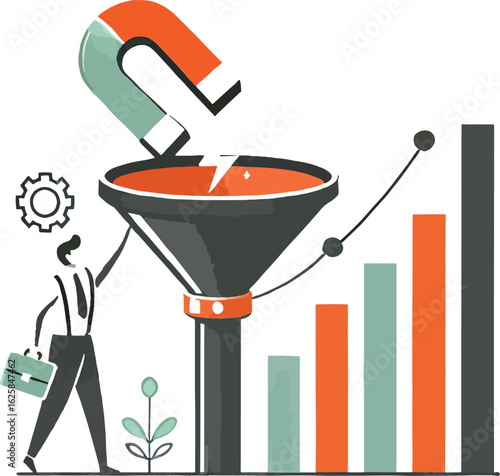 Magnet funnel attracting business growth with bar chart