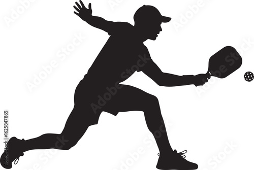 Silhouette of a man playing pickleball, hitting a forehand volley in an athletic pose