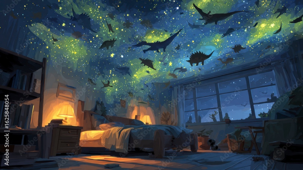 Enchanting Dinosaur-Themed Bedroom Design for Children at Night Enchanting Dinosaur-Themed Bedroom Design for Children at Night