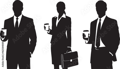 Business professionals holding coffee cups and briefcases, business, professionals, coffee, cups, briefcases, suits, ties, silhouettes, black, white, modern, corporate, teamwork, meeting, casual, offi