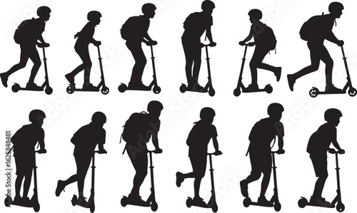Children riding scooters with backpacks helmets, children, scooters, riding, backpacks, helmets, outdoor, activity, movement, silhouettes, black and white, active lifestyle, recreation, transportation