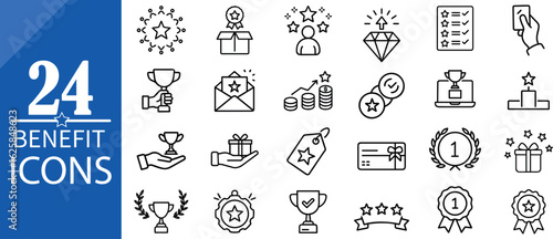Benefit icon set. Reward related icons: bonus, loyalty, employee benefit, winner, award, prize, incentive and more. Editable line icons.