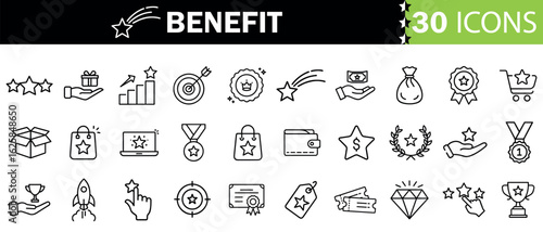 Benefit icon set. Reward related icons: bonus, loyalty, star, employee benefit, winner, award, prize, incentive and more. Editable line icons.
