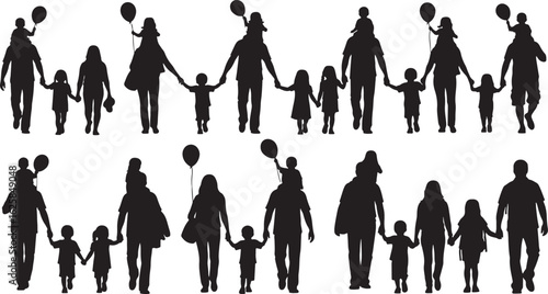 Families walking together holding hands with children on shoulders, family, people, children, parents, walking, holding hands, balloons, silhouettes, togetherness, outdoor, day, casual, happy, movemen