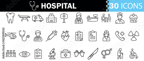 Hospital icon set. Medical related line icons: medicine, healthcare, doctor, ambulance, treatment, nurse, pills, clinic, pharmacy and more. Editable stroke. 