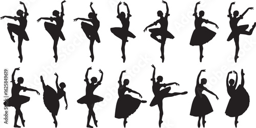 Silhouettes of ballerinas in various graceful poses, ballet, dancers, silhouettes, black, white, poses, graceful, elegant, performance, art, movement, pirouette, arabesque, pointe shoes, tutu, stage, 