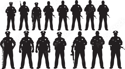 Police officers standing with firearms law enforcement, police, officers, law enforcement, security, uniform, cap, gun, rifle, silhouette, black, white, standing, group, men, duty, protection, authori