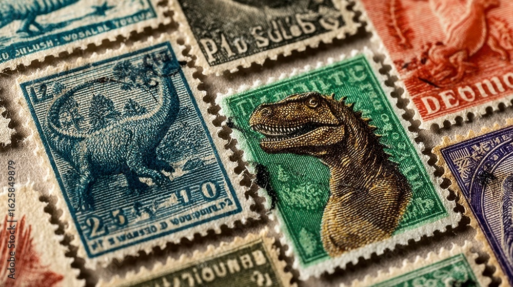 Fototapeta premium Detailed Close-Up of Dinosaur Themed Postage Stamps Collection