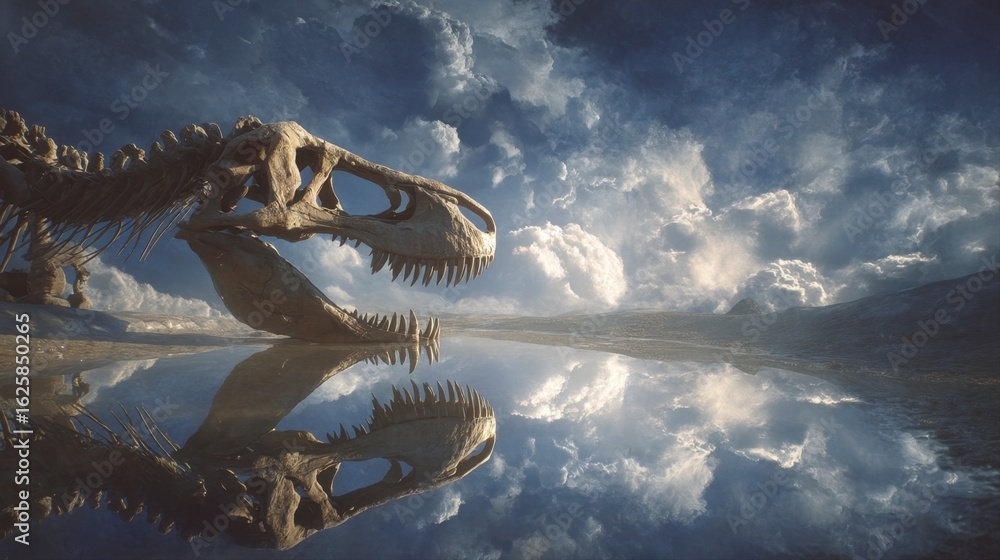 Fototapeta premium Tyrannosaurus Rex Skeleton Reflection in Puddle Under Dramatic Sky