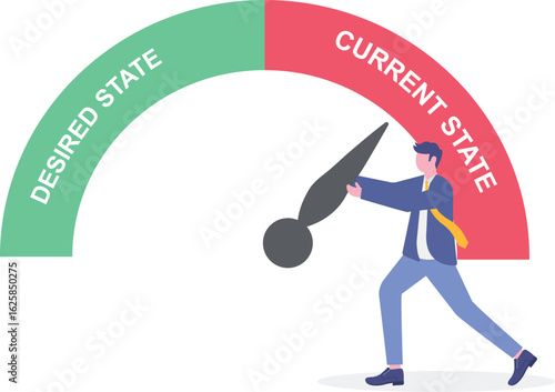 Strategic planning analysis concept vector illustration with business analysts pull gap between current and desired state

