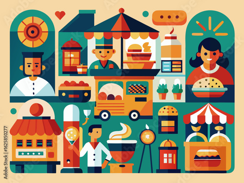 Street Food Market Icon Collection – Colorful Dishes & Cultural Diversity

