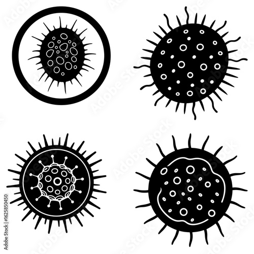 Four black and white virus illustrations with circular bodies and spiky projections in a grid format