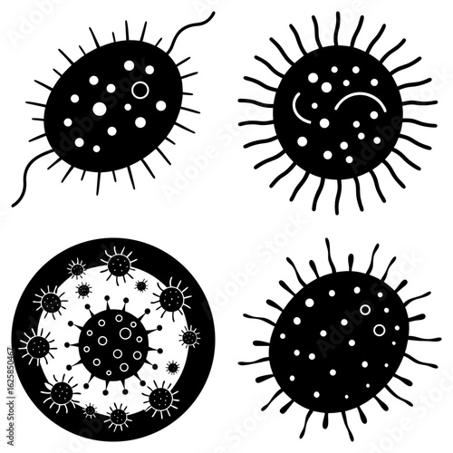 Illustration showcasing four distinct black and white virus or bacteria cell structures with varying details