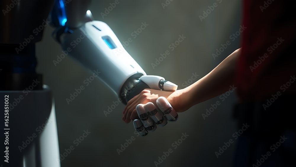 Naklejka premium Human hand gently holding a futuristic metallic robotic hand with glowing blue light in a symbolic gesture of connection.