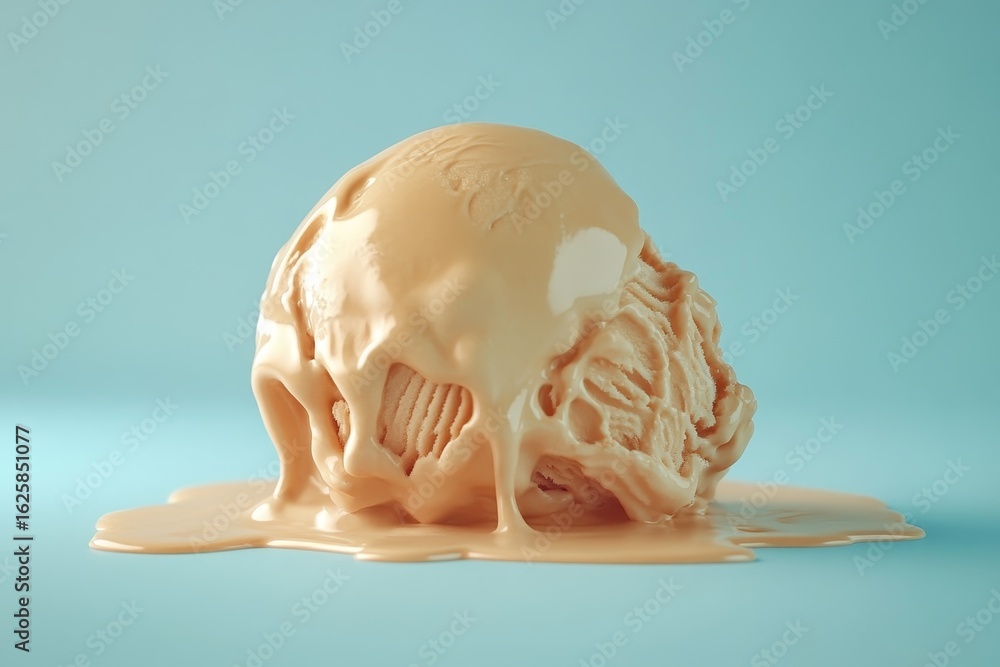 Fototapeta premium Melted ice cream sphere on a light blue background.