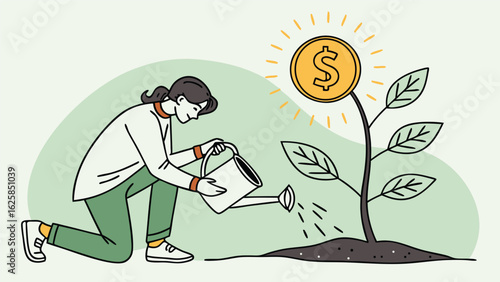 Woman nurturing a money plant;  financial growth, investment, and wealth building concept; minimalist line art style.