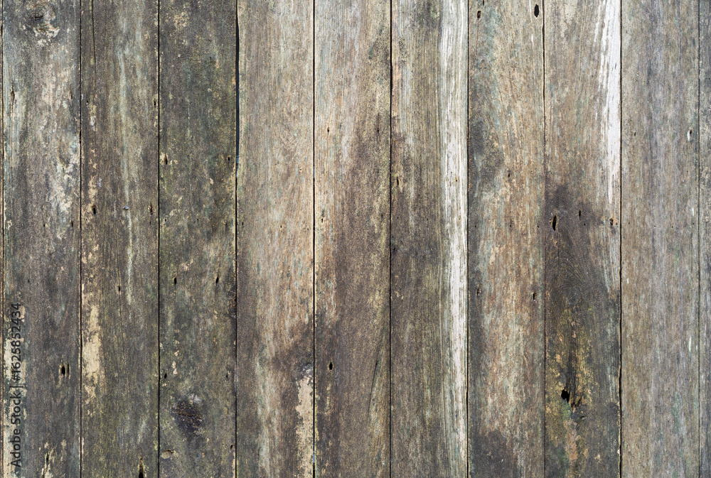 Naklejka premium empty nature old white wooden table or dirty stain black wood wall by top view and ancient dark brown floor with nails and fungus to green lichen for board background and texture or wallpaper to frame