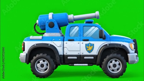 3D animated cartoon police truck with a mounted cannon shown in side view on a green screen background, perfect for VFX, compositing, or kids animation projects.
