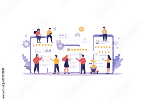 Customer feedback and online review concept. People use mobile phones to give five-star satisfaction ratings and share user experience.