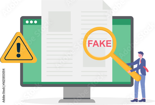 Flat illustration of man use magnifying glass to investigate social media fake news on phone screen with warning sign misinformation false information hoax cheating scam website
