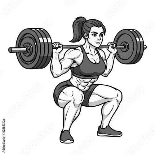 Strong and fit woman with defined abs doing a deep barbell squat. Monochrome illustration for gym and fitness motivation.