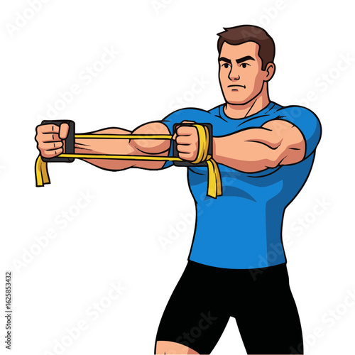 Illustration of a muscular man doing a chest press exercise with a resistance band. A concept of strength training and fitness.