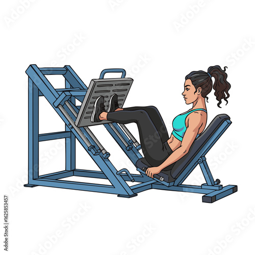 Illustration of an athletic woman performing a leg press exercise on a machine for lower body strength training.