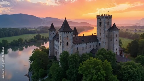 Stunning medieval castle at sunset on river, a fairytale scene, perfect for travel and tourism marketing