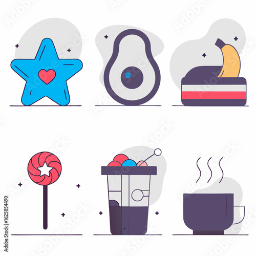 Colorful vector icons of snacks and beverages in flat design  