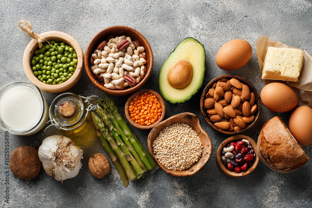 Modern flat lay of vegan lunch ingredients Modern flat lay of vegan lunch ingredients