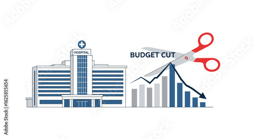 A conceptual illustration depicts budget cuts impacting healthcare, with scissors cutting a graph representing declining financial performance of a hospital.