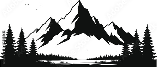 Serene mountain landscape, pine forest reflection, tranquil lake, birds flying, peaceful nature scene for hikers, campers, outdoor lovers, adventure seekers