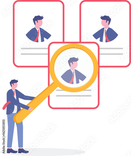 Flat illustration of person reviewing resumes on digital tablet for candidate selection and talent acquisition
