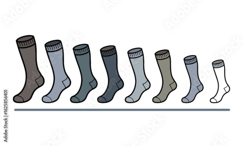 Scalable vector illustration displaying eight different types of socks arranged horizontally from longest to shortest,  high-high, knee-high, mid-calf, crew, ankle, low-cut, easily editable.