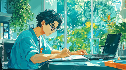 cartoon illustration of a young man working at his desk in summer