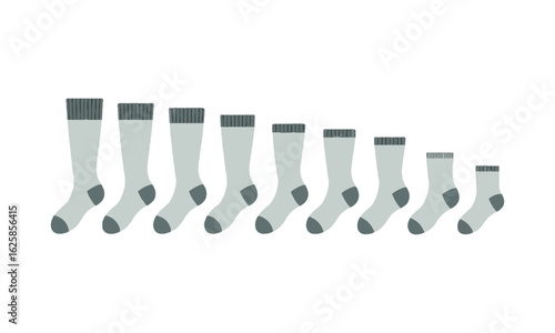 Scalable vector illustration displaying eight different types of socks arranged horizontally from longest to shortest,  high-high, knee-high, mid-calf, crew, ankle, low-cut, easily editable.