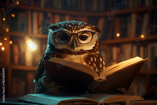 owl wearing glasses and reading a book in a cozy library, warm lighting and human-like posture 
