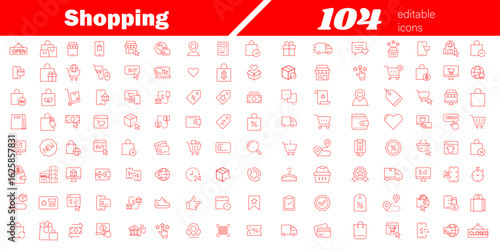 Shopping editable icon set-Vector illustration in thin line modern style of commerce related icons: costumer, store, payment, product, purchase-Business infographic red line for mobile apps, web