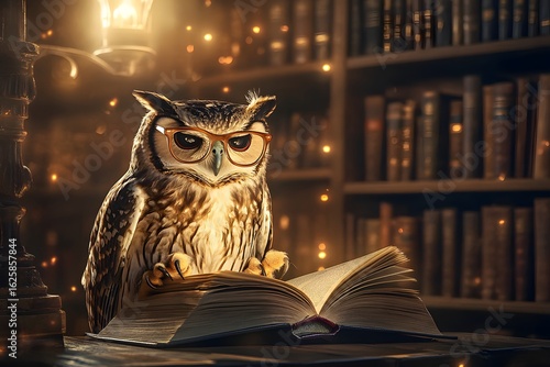 Wallpaper Mural owl wearing glasses and reading a book in a cozy library, warm lighting and human-like posture 
 Torontodigital.ca