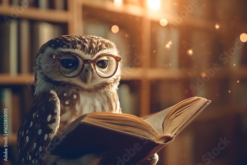 Wallpaper Mural owl wearing glasses and reading a book in a cozy library, warm lighting and human-like posture 
 Torontodigital.ca