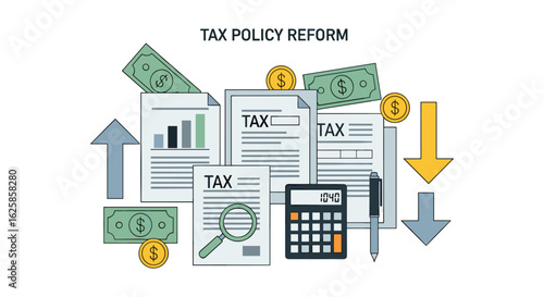 A flat vector illustration depicts tax policy reform with documents, money, calculator, and arrows on a clean white background, representing financial changes.